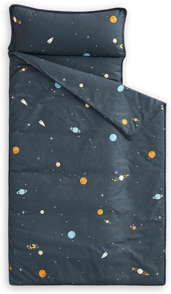 Wake In Cloud - Toddler Nap Mat with Pillow & Blanket | 100% Cotton, Galaxy Space Design for Kids 3+