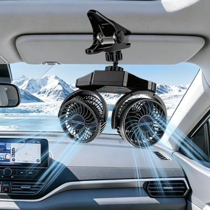 6000mAh USB-C Car Fan Dual-Head Clip-On with Independent Controls