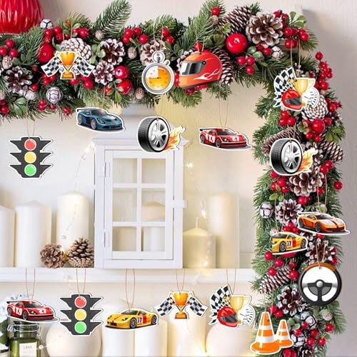 Wooden Race Car Holiday Ornaments Set - 24 Car-Themed Hanging Decor for Tree, Home & Party