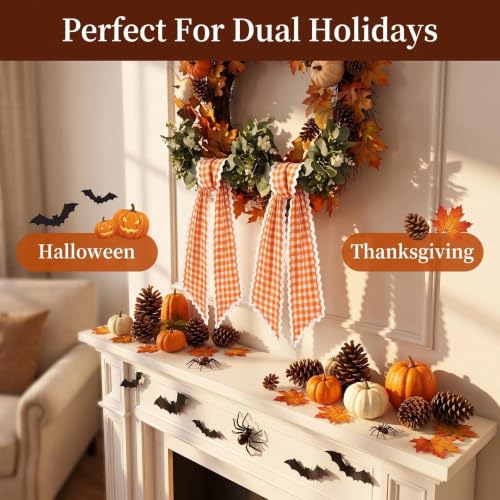 2Pcs Orange and White Plaid Garland Wreath Sash for Front Door & Decorations
