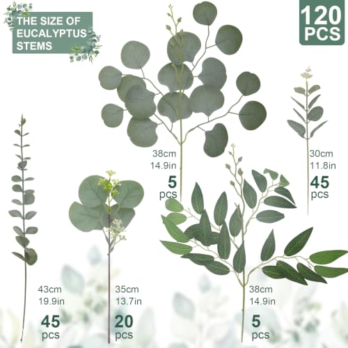120 Pcs Artificial Eucalyptus Stems Bulk - Mixed Green Foliage, Daynight 120