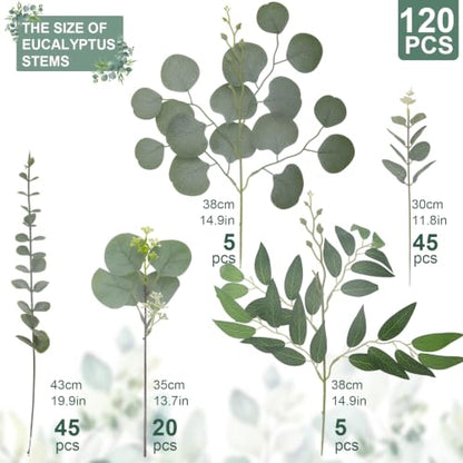 120 Pcs Artificial Eucalyptus Stems Bulk - Mixed Green Foliage, Daynight 120