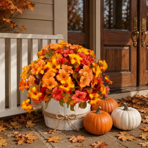 Artificial Fall Flowers Outdoor 4PCS Sunset Orange & Green Bicolor
