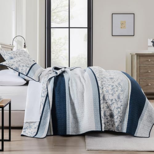 Oversized King Cotton Quilt Set with 2 Pillow Shams, Floral Design, Navy/Light Blue/White