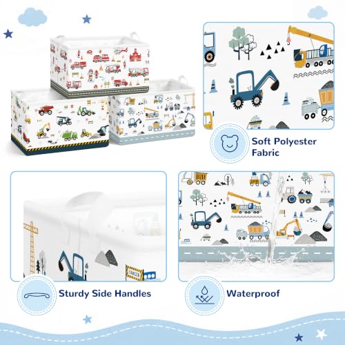 Kids Storage Basket Set of 3 with Fire Engine Design - Foldable Toy Organizer
