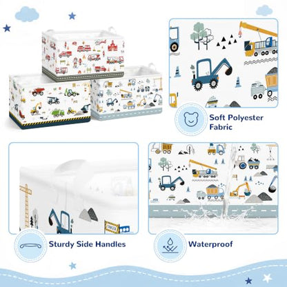 Kids Storage Basket Set of 3 with Fire Engine Design - Foldable Toy Organizer