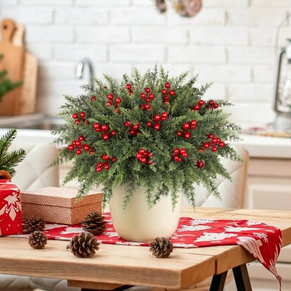 Artificial Christmas Norfolk Pine & Red Berry Stems - Green - 6 Bundles