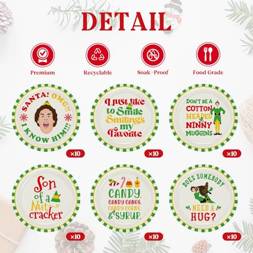Christmas Paper Plates 60 Pack - 9 Inch Festive Holiday Dinnerware with Elf Design