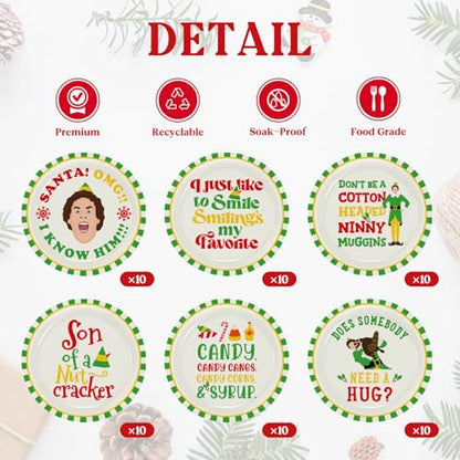 Christmas Paper Plates 60 Pack - 9 Inch Festive Holiday Dinnerware with Elf Design