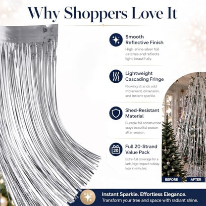 Silver Christmas Tree Tinsel Icicles Decor 20 x 40 Inches - Pack of 20