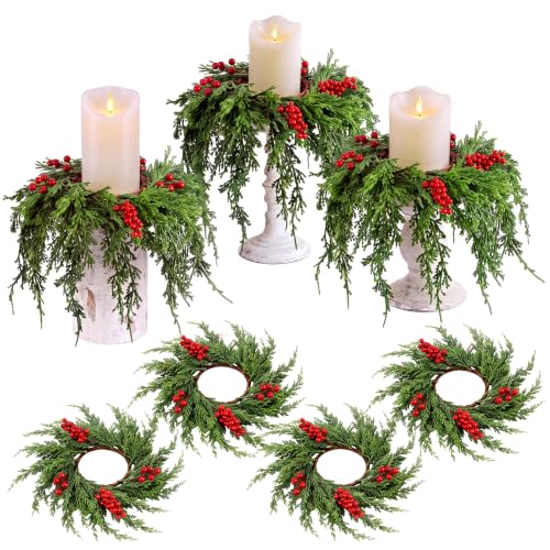 Christmas Candle Ring Set - 3.5 Inch / Festive Wreaths for Decor - 6 Pieces