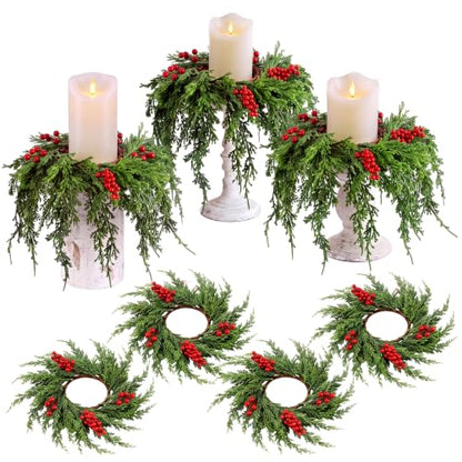 Christmas Candle Ring Set - 3.5 Inch / Festive Wreaths for Decor - 6 Pieces