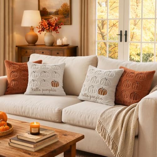 Fall Pumpkin Pillow Covers 18x18 Beige Set of 2 - Harvest Decor