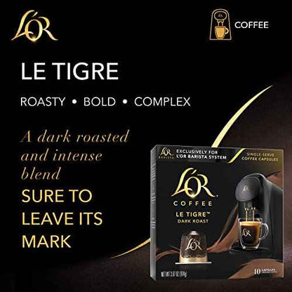 L'OR Coffee Pods, 10 Count Le Tigre Dark Roast Blend, Single-Serve Aluminum Coffee Capsules Compatible with the L'OR BARISTA System & *Nespresso Original Machines, 10 count (Pack of 1)