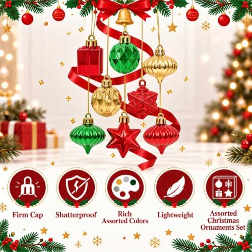 Emberlane Christmas Tree Ornaments Set - Red, Green, Gold Mixed Shapes, 1.57"