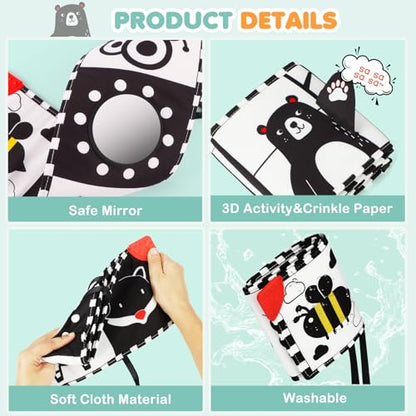 BBWOO High Contrast Baby Toys for Newborn, Tummy Time Mirror, Black and White Baby Toy for 0-6 Months, Soft Montessori Visual Stimulation Infant Book, Boy Girl Shower Gift, Easter Basket Stuffers