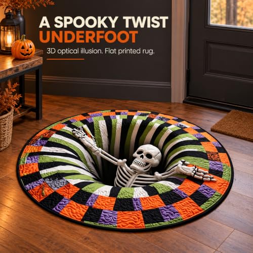 Halloween Skeleton Vortex 3D Rug - 36 Inch Round Non-Slip Indoor Floor Mat
