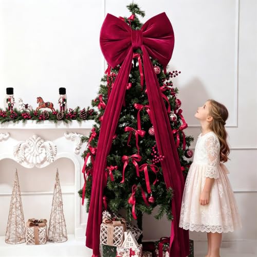 Large Velvet Christmas Tree Topper Bow - Red Burgundy Holiday Decor 60x16 In