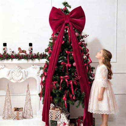 Large Velvet Christmas Tree Topper Bow - Red Burgundy Holiday Decor 60x16 In