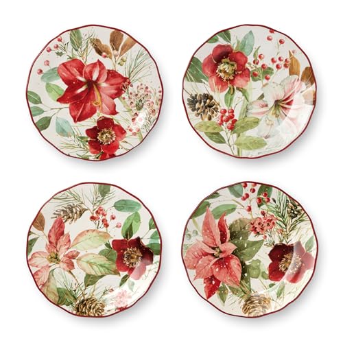 Winter Blooms Holiday Dessert Plates Set of 4 - 9 Inch Floral Tableware