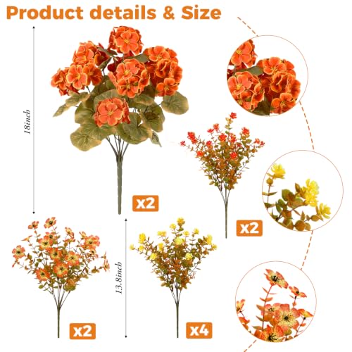 Artificial Geranium Flowers Fall Decor - Orange, 10 Bundles