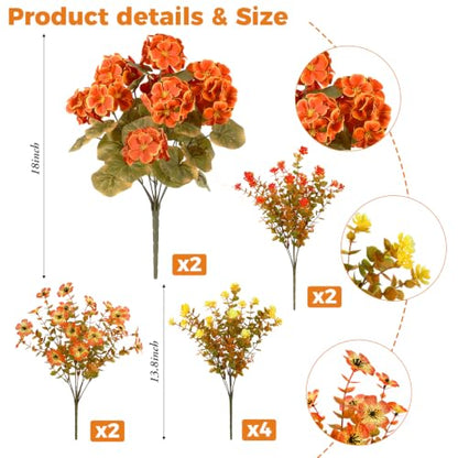 Artificial Geranium Flowers Fall Decor - Orange, 10 Bundles