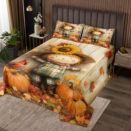 Manfei Fall Kids Bedspread Set Queen Size Pumpkin Maple Leaf Coverlet with Pillowcases - Orange Brown