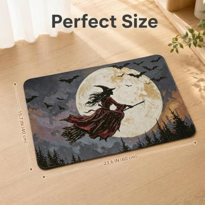 Purple Witch Bath Mat - Vintage Full Moon Bat Halloween Bathroom Rug