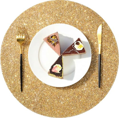 Blulu 4 Pieces Gold Round Rhinestone Placemat Set - Glitter Sparkle Table Mats