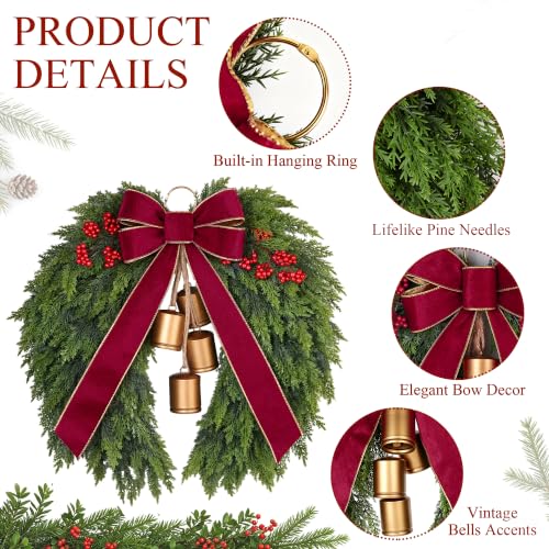 Heart-Shaped Christmas Wreath 24 Inches with Cedar, Velvet Bow & Bells