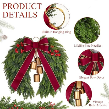 Heart-Shaped Christmas Wreath 24 Inches with Cedar, Velvet Bow & Bells