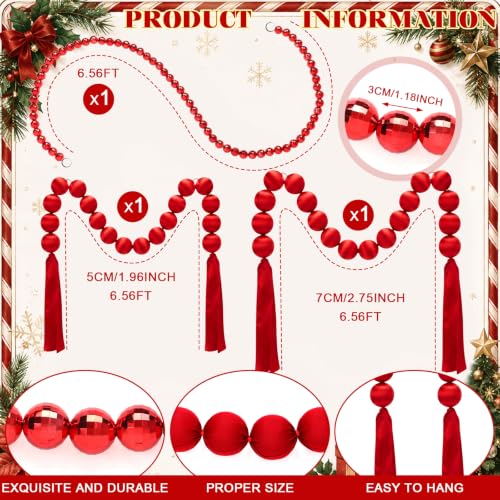 Giant Red Velvet Christmas Ball Garland Set - 3 Pcs 19.68ft with Tassels, Modern Style