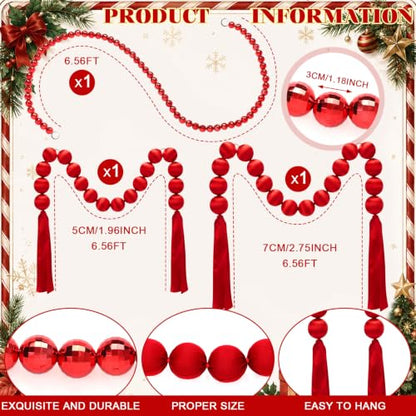 Giant Red Velvet Christmas Ball Garland Set - 3 Pcs 19.68ft with Tassels, Modern Style