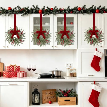 Mini Christmas Wreath Pine Needle 10 Inch Set of 4 for Kitchen Cabinets & Holiday Decor - Pine