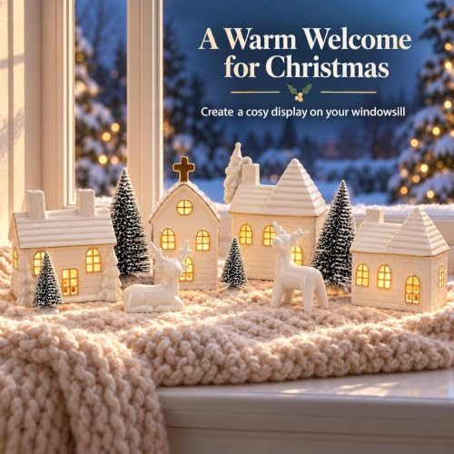 Christmas Village Set with 4 Ceramic Houses and 4 Trees - 16 Pieces