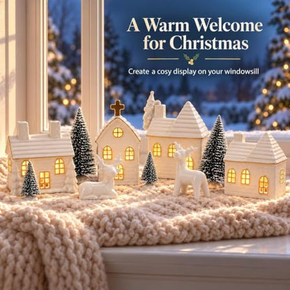 Christmas Village Set with 4 Ceramic Houses and 4 Trees - 16 Pieces