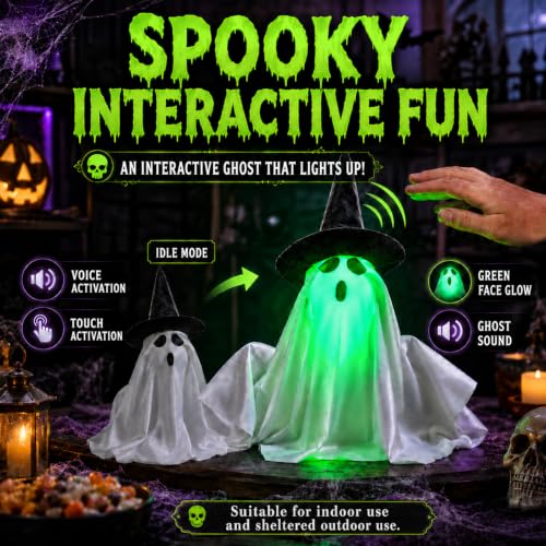 Animated Ghost Halloween Decoration Sound & Tap Activated Green Face Glow