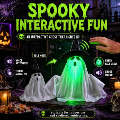 Animated Ghost Halloween Decoration Sound & Tap Activated Green Face Glow