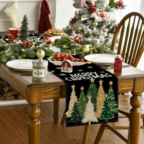 13 x 120 Inch Xmas Trees Snowflakes Table Runner Black Holiday Kitchen Decor