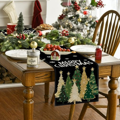 13 x 120 Inch Xmas Trees Snowflakes Table Runner Black Holiday Kitchen Decor