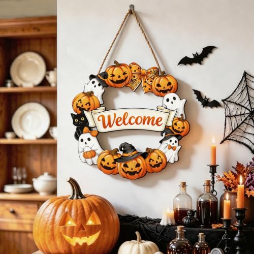 Halloween Wreath Door Decor with Pumpkin and Ghost - Fall Front Door Hanging
