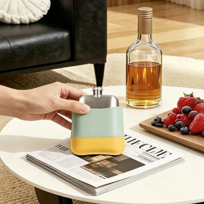 Yellow-Green 6oz Stainless Steel Hip Flask with Color-Block PU Cover - Portable Leakproof Liquor & Travel Flask