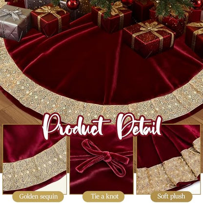 48 Inch Luxury Red Velvet Christmas Tree Skirt with Gold Glitter Trim