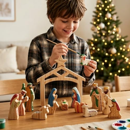 Unfinished Wooden Nativity Scene Set - 13 Pcs Christian Christmas Decor