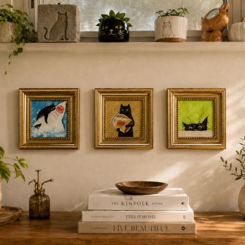 Black Cat Oil Painting with Fish Tank Gold Framed Canvas Art