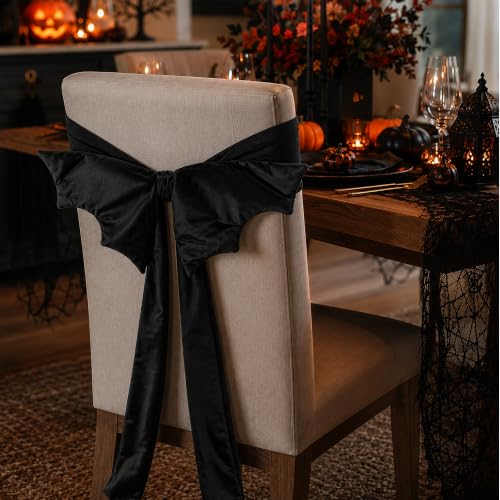 Black Velvet Chair Bow Sashes - Halloween Decor, 4 Pcs - Bat Wing Design