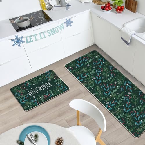 Hello Winter Green Kitchen Rugs Set of 2 - Botanical Pine Needle, Non-Slip Decor