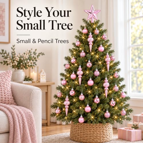 Pink Mini Christmas Ornaments Set with Star Tree Topper - 32PCS, Shatterproof
