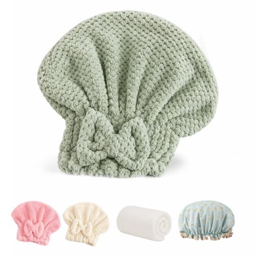 5-Piece Hair Towel Set with Hair Drying Caps, Fleece Towel & Shower Cap