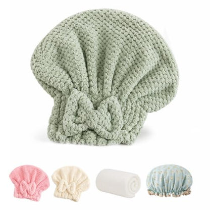 5-Piece Hair Towel Set with Hair Drying Caps, Fleece Towel & Shower Cap